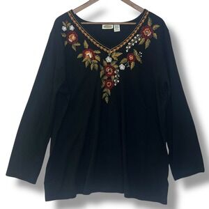 Collections Etc XXL 100% Cotton Top Blouse Black Embroidered Floral Long Sleeve